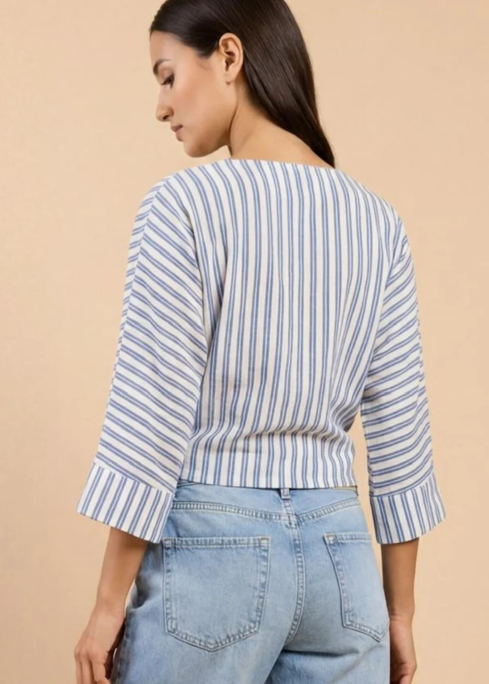 Little Mistress Blue Stripe Tie-Knot Top with V-Neck - 14 Image 2