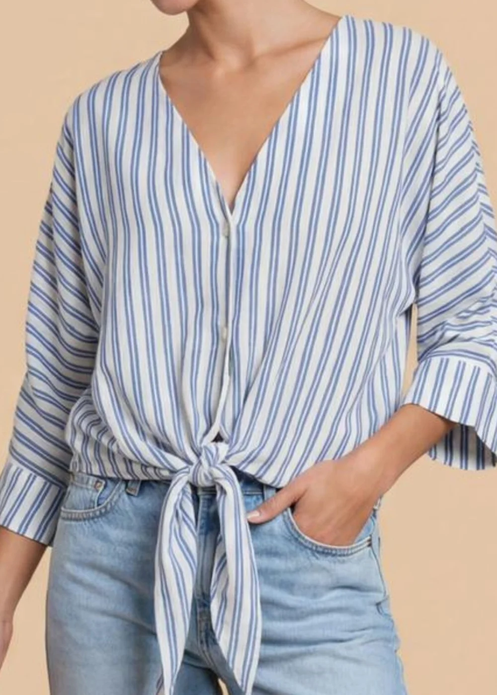 Little Mistress Blue Stripe Tie-Knot Top with V-Neck - 14 Image 3