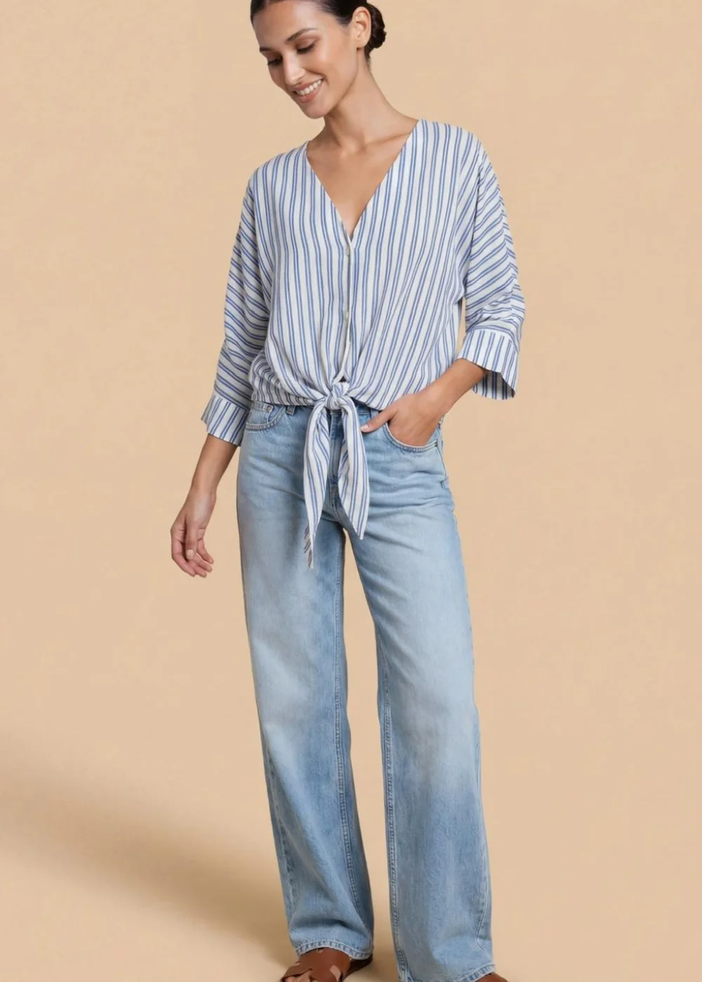 Little Mistress Blue Stripe Tie-Knot Top with V-Neck - 14 Image 4