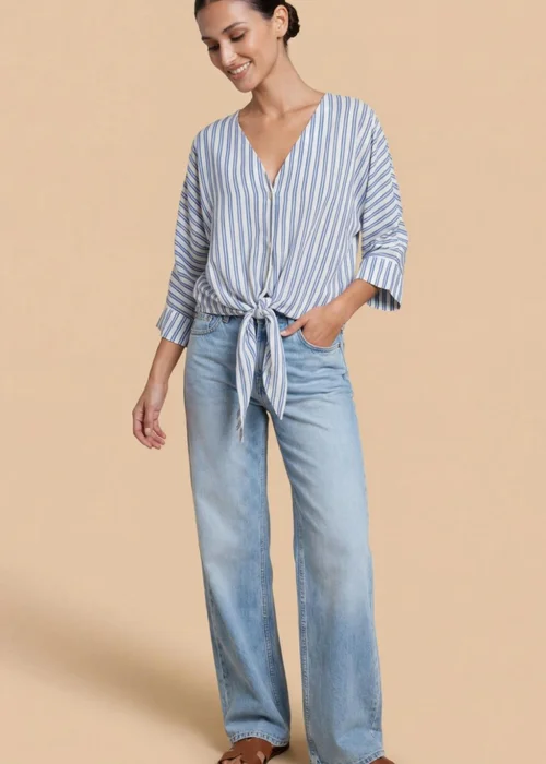 Little Mistress Blue Stripe Tie-Knot Top with V-Neck - 14 Image 4