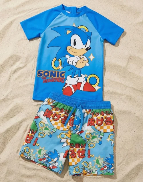 Vanilla Underground Sonic The Hedgehog Boys Blue Gamer 2 Piece Swim Set (4-14 Years) - 10-11 yrs Image 5