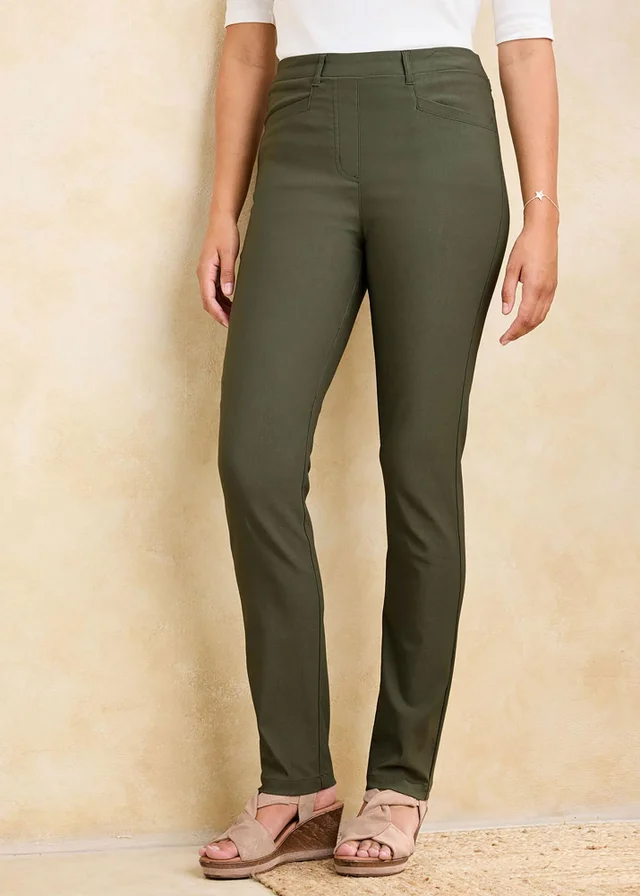 Cotton Traders Khaki Super Stretchy Pull On Slim Leg Trousers