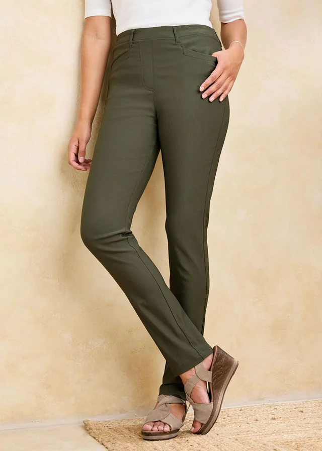 Cotton Traders Khaki Super Stretchy Pull On Slim Leg Trousers