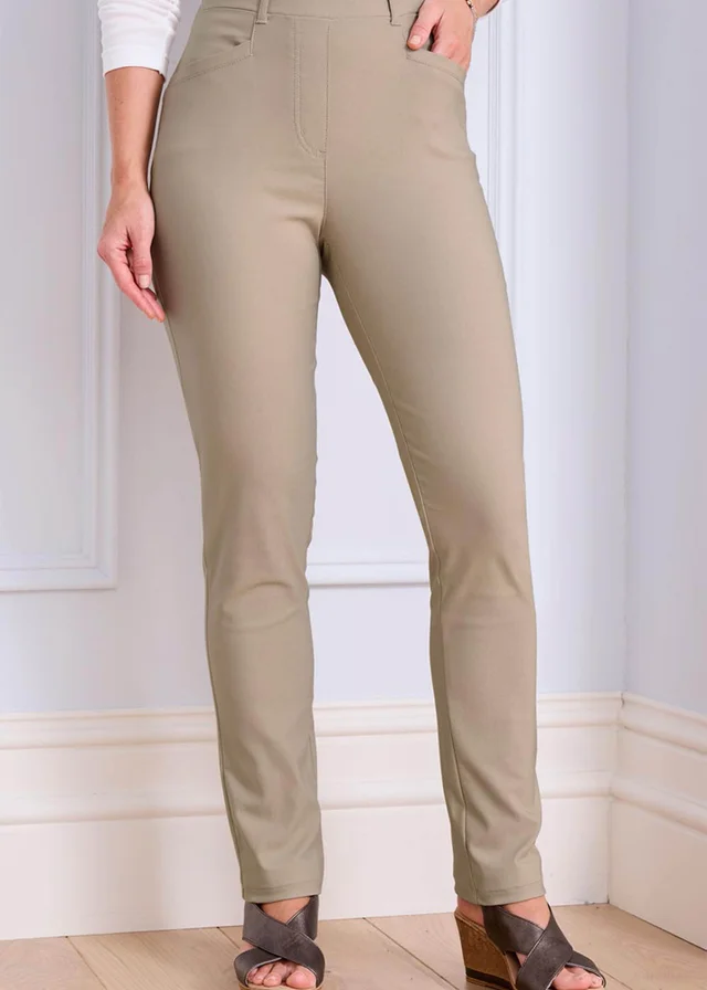 Cotton Traders Beige Super Stretchy Pull On Slim Leg Trousers