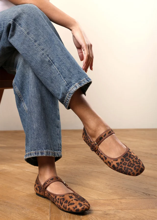 Where's That From Karsyn Leopard Wide Fit Mary Jane Ballet Flats With Buckle Detail