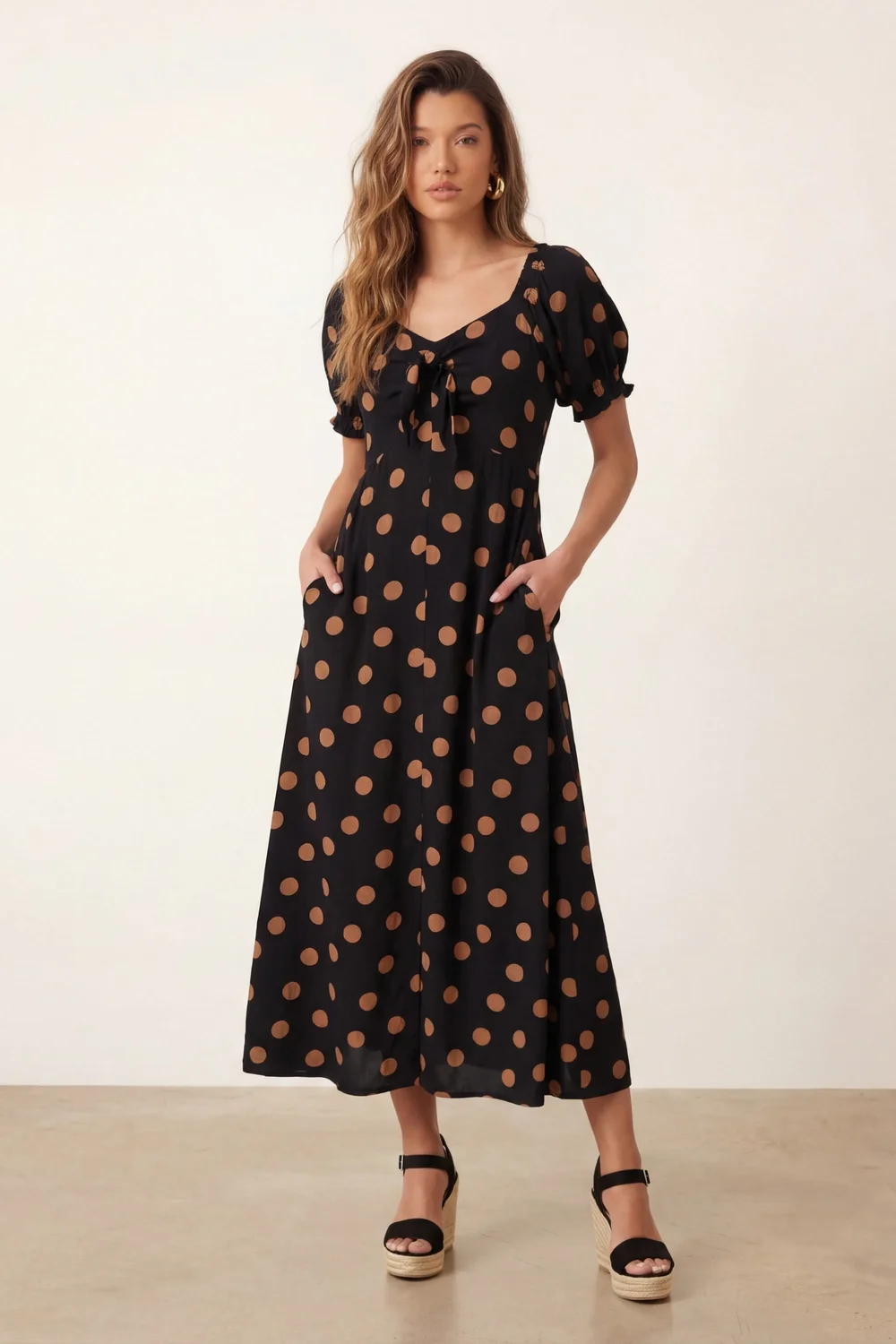 Style Cheat Black Tie Front Spot Dress Polka Dot Midi - 16 Image 1