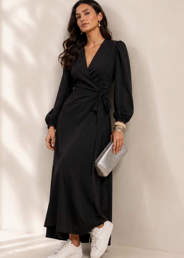 Little Mistress Black Long Sleeve Wrap Midi Dress