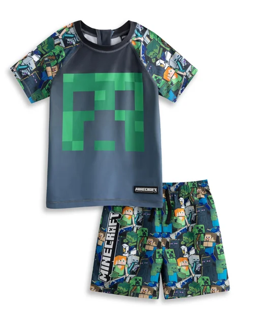 Vanilla Underground Minecraft Boys Green Oversized Character 2 Piece Swim Set (5-14 Years) - 7-8 Yrs Image 1