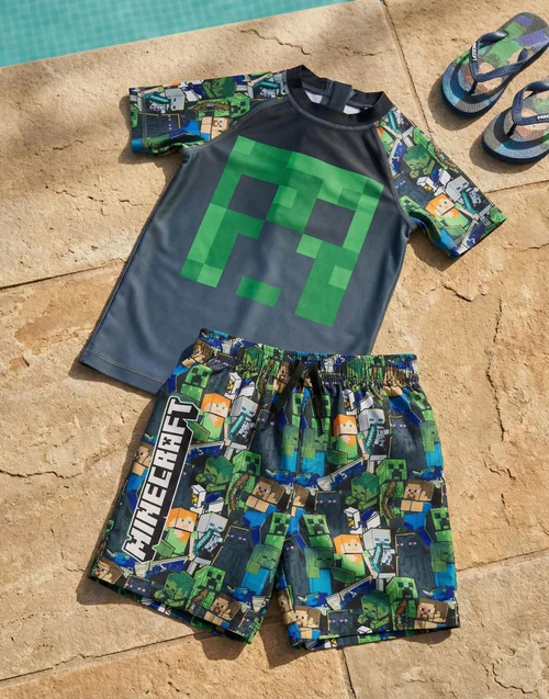 Vanilla Underground Minecraft Boys Green Oversized Character 2 Piece Swim Set (5-14 Years) - 7-8 Yrs Image 2