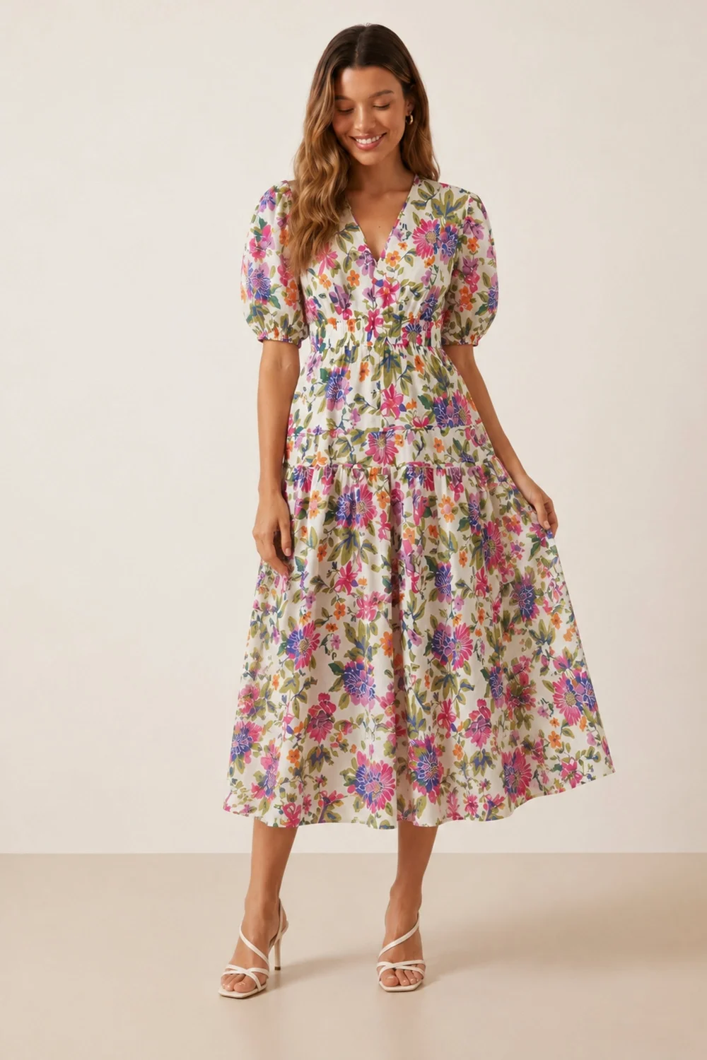 Style Cheat Pink Puff Sleeve V-Neck Floral Midi Dress - 14 Image 1