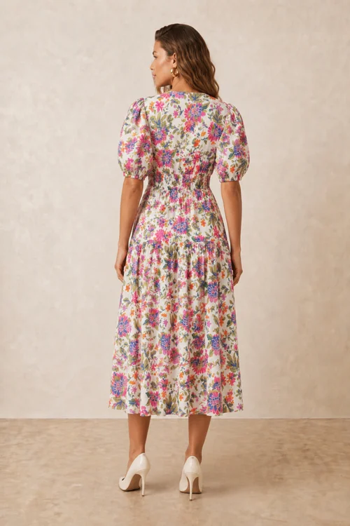 Style Cheat Pink Puff Sleeve V-Neck Floral Midi Dress - 14 Image 3