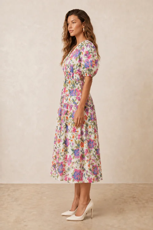 Style Cheat Pink Puff Sleeve V-Neck Floral Midi Dress - 14 Image 2