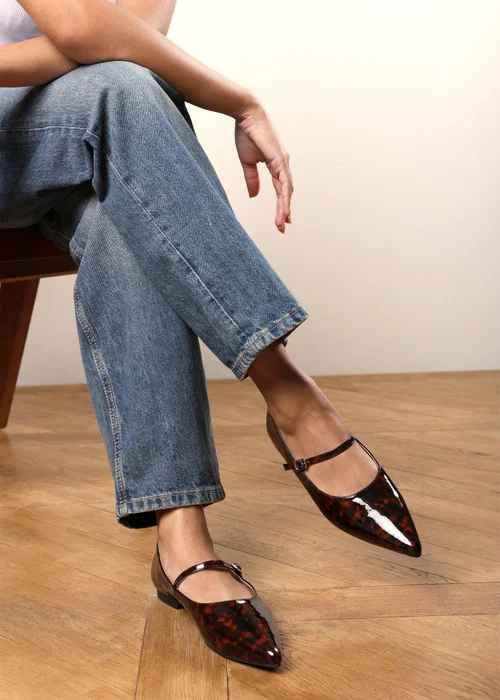Where's That From Novalee Tortoise Wide Fit Pointed Toe Mary Jane Front Strap Ballet Flats - 5 Wide Image 2