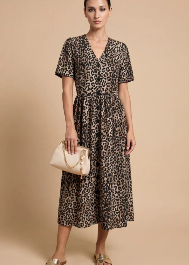 Little Mistress Animal Print Crepe Button-Down Midi Dress