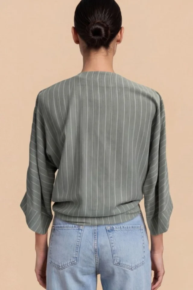 Little Mistress Green Stripe Tie-Knot Top with V-Neck