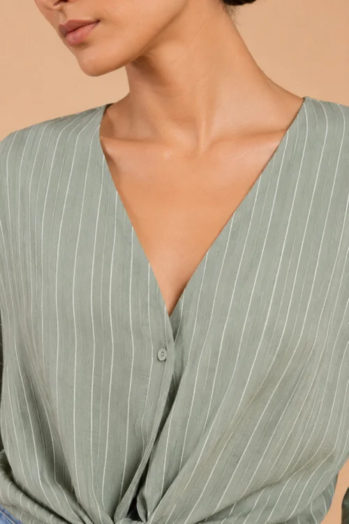 Little Mistress Green Stripe Tie-Knot Top with V-Neck - 8 Image 3