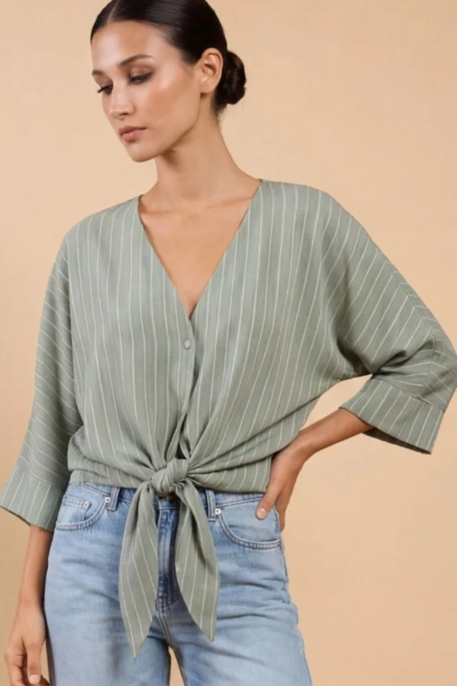 Little Mistress Green Stripe Tie-Knot Top with V-Neck
