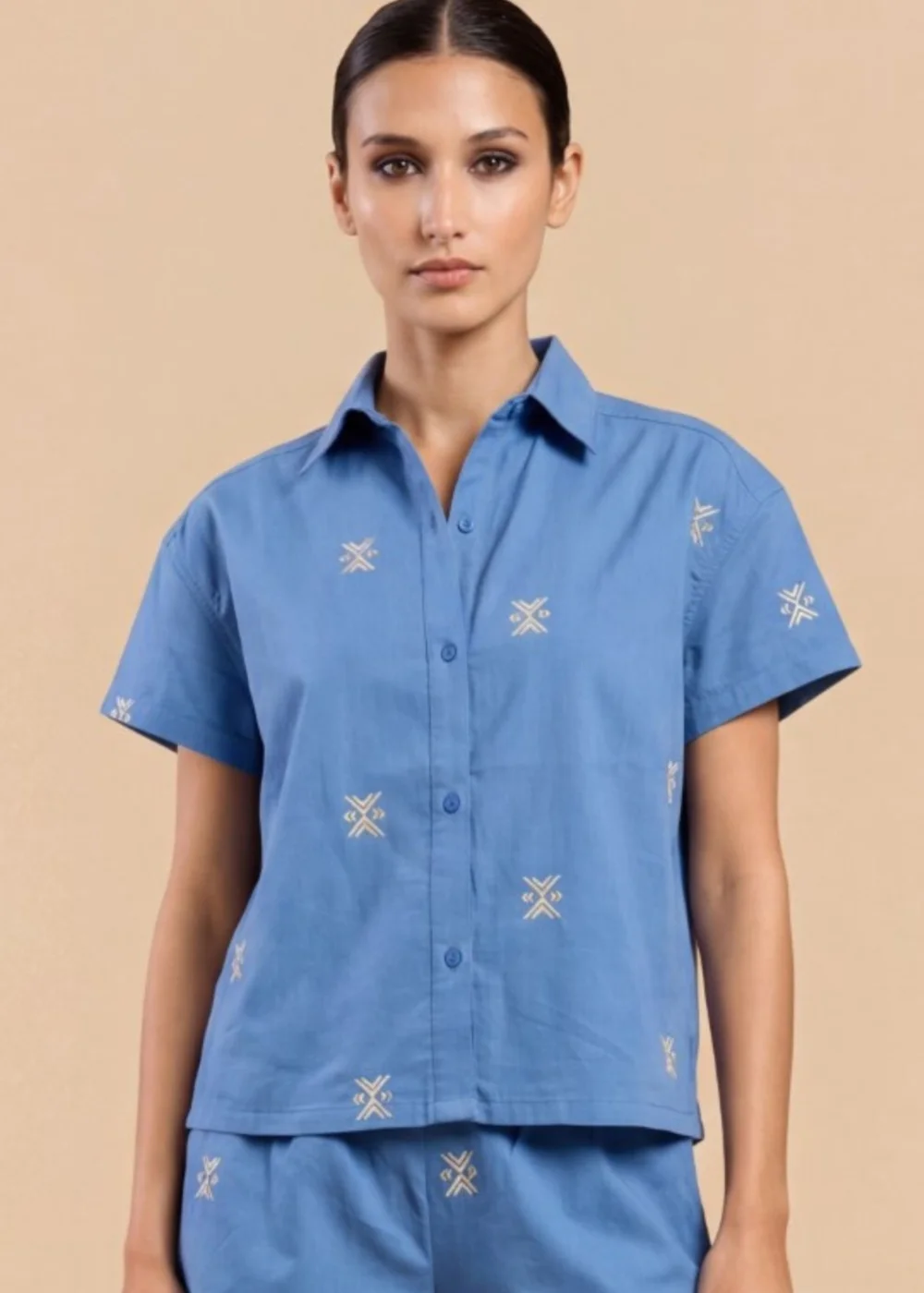 Little Mistress Blue Embroidered Cotton Linen Shirt - 14 Image 1