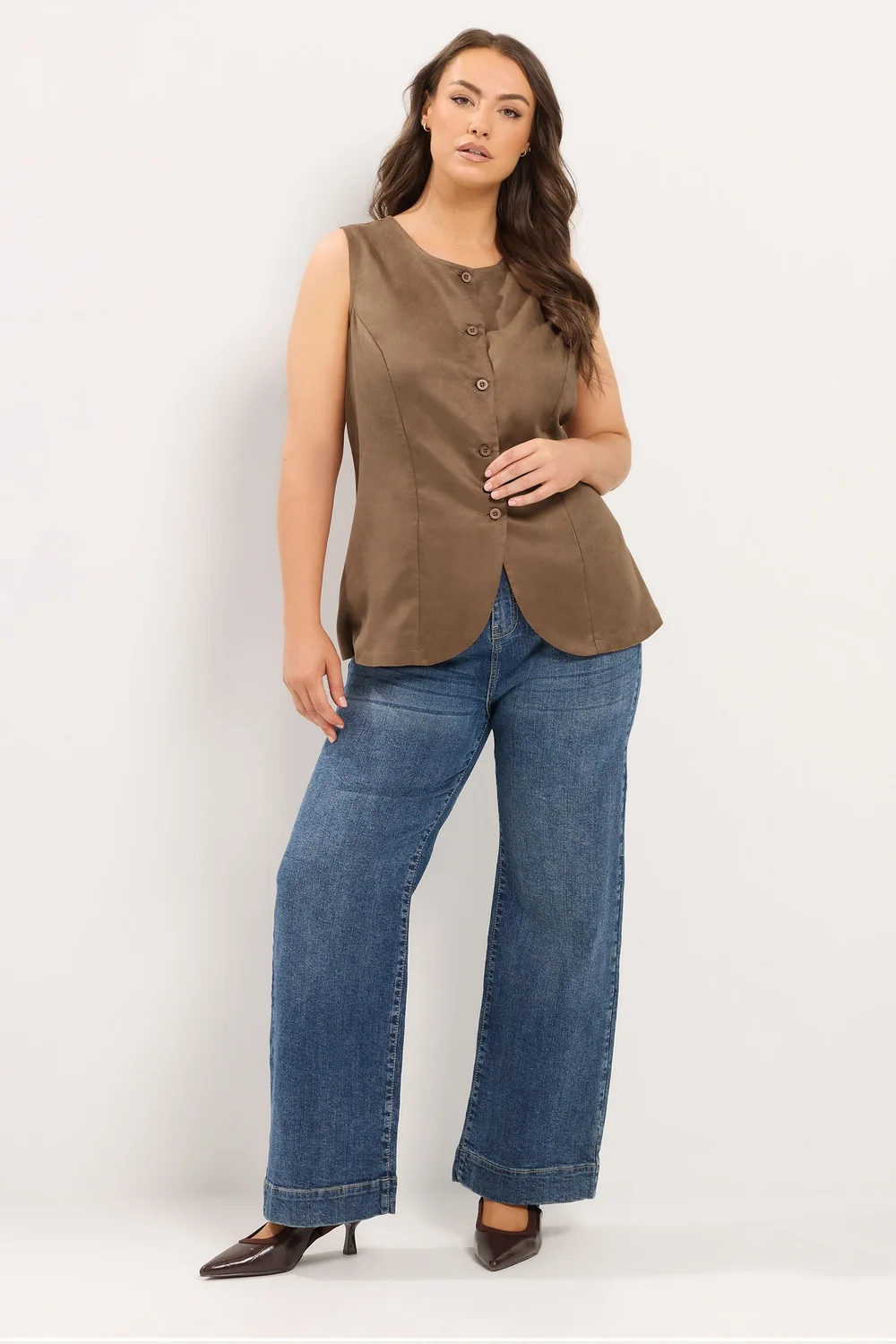 Yours Curve Chocolate Brown Suedette Waistcoat - 18 Image 3