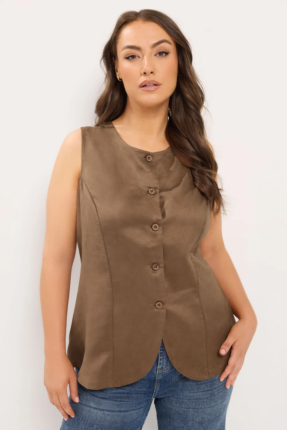 Yours Curve Chocolate Brown Suedette Waistcoat - 18 Image 1