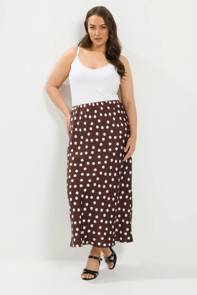 Yours Curve Chocolate Brown Polka Dot Satin Skirt