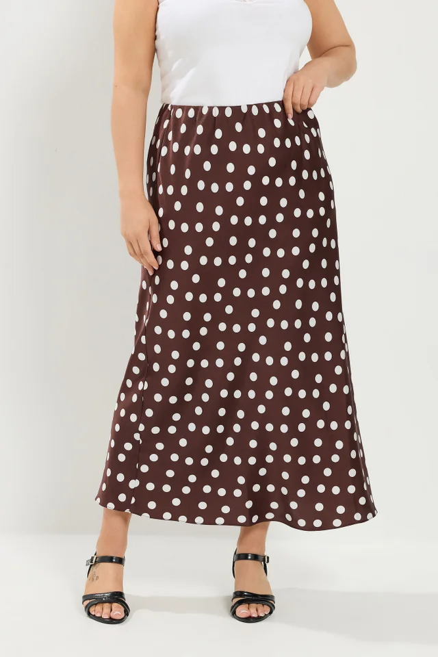 Yours Curve Chocolate Brown Polka Dot Satin Skirt