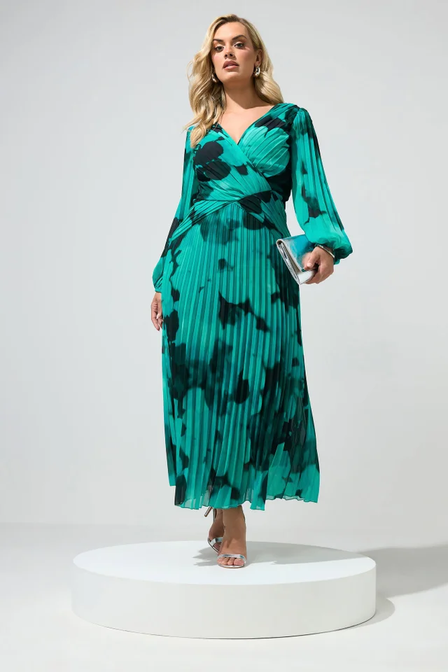 Yours London Curve Teal Green Abstract Pleated Dress