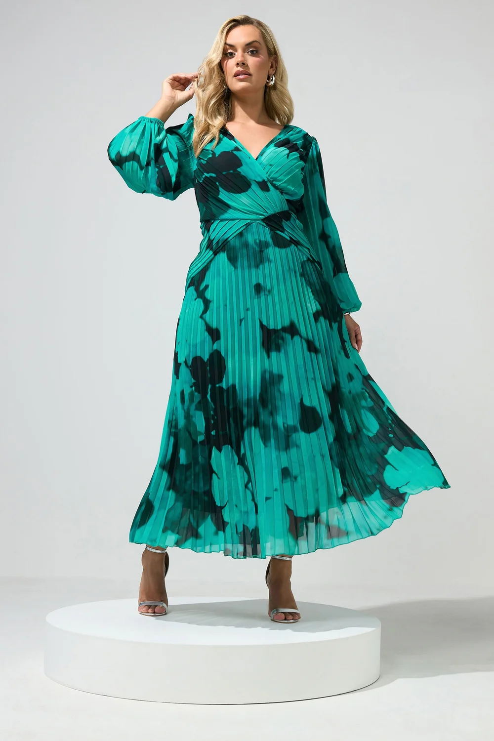Yours London Curve Teal Green Abstract Pleated Dress - 18 Image 1