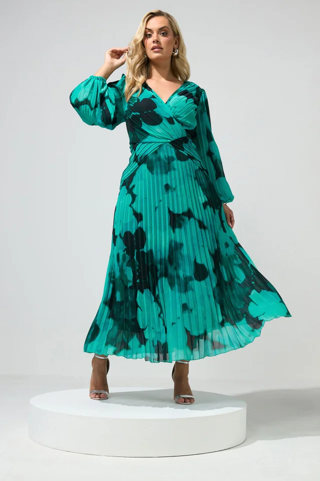 Yours London Curve Teal Green Abstract Pleated Dress