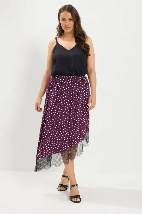 Yours Curve Purple Polka Dot Lace Asymmetric Hem Skirt - 16 Image 1