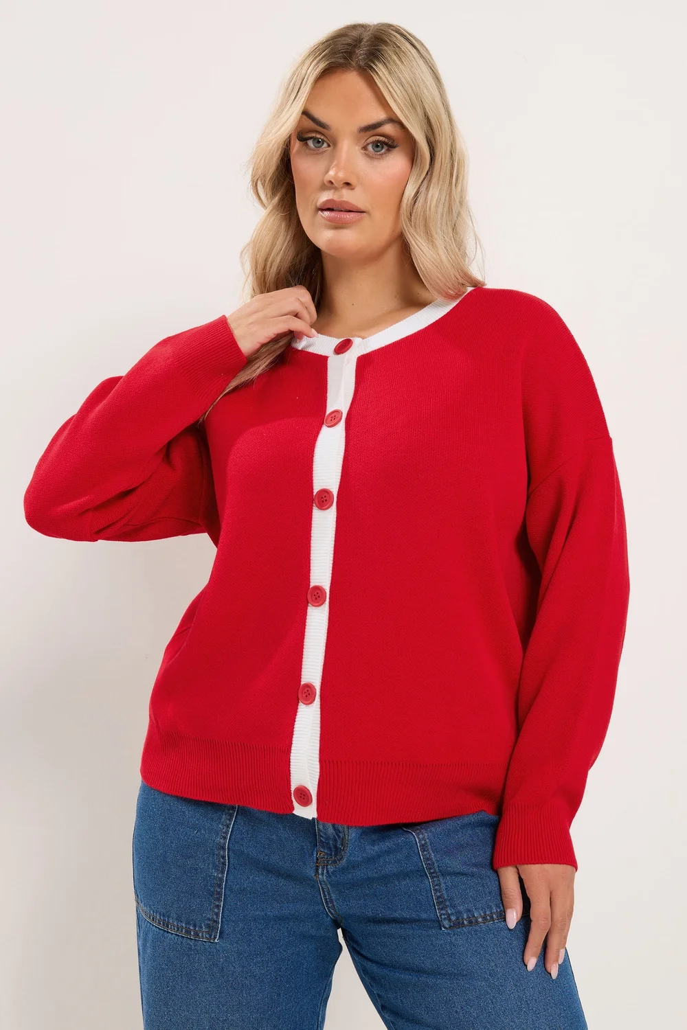 Yours Curve Red Contrast Knitted Cardigan - 30-32 Image 1