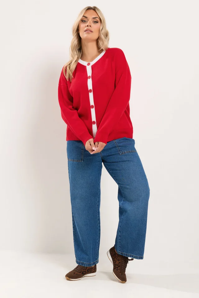 Yours Curve Red Contrast Knitted Cardigan