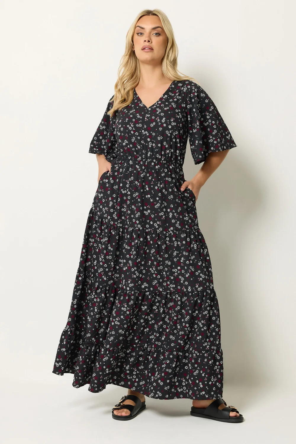 Yours Curve Black Ditsy Floral Textured Maxi Dress - 14 Image 1