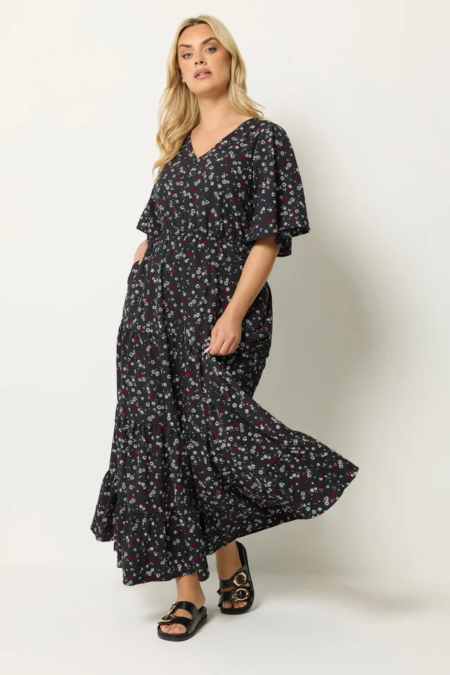 Yours Curve Black Ditsy Floral Textured Maxi Dress