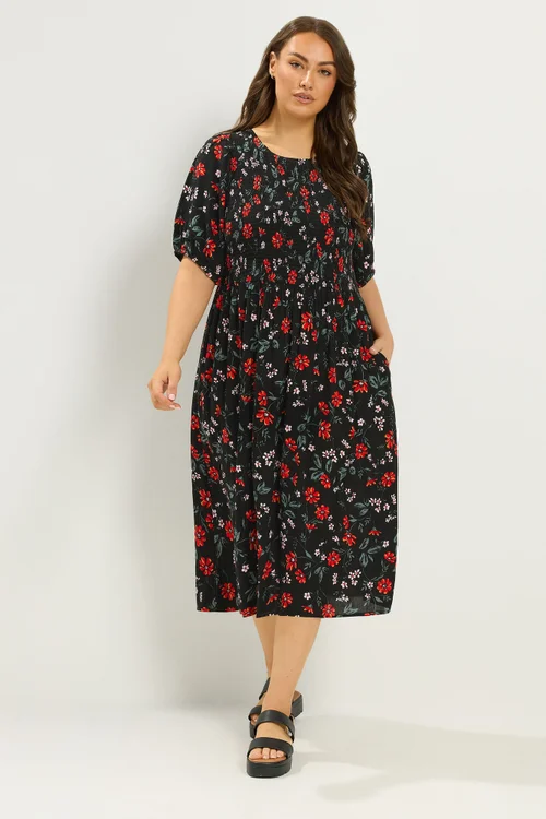 Yours Curve Black Floral Puff Sleeve Shirred Dress - 22-24 Image 2