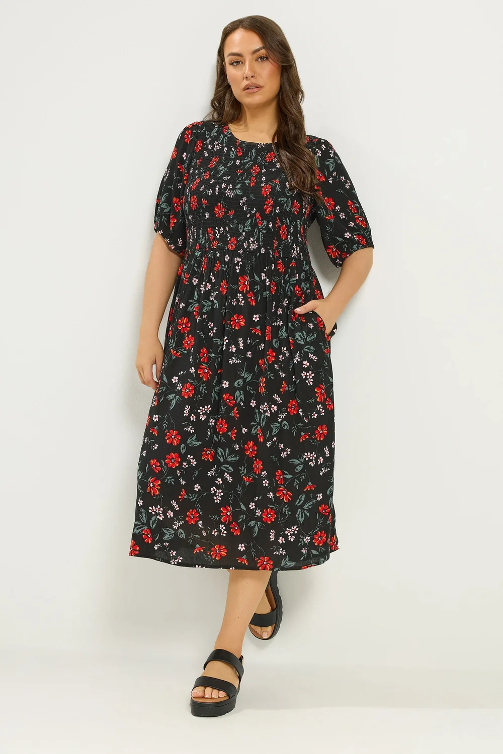 Yours Curve Black Floral Puff Sleeve Shirred Dress - 22-24 Image 1