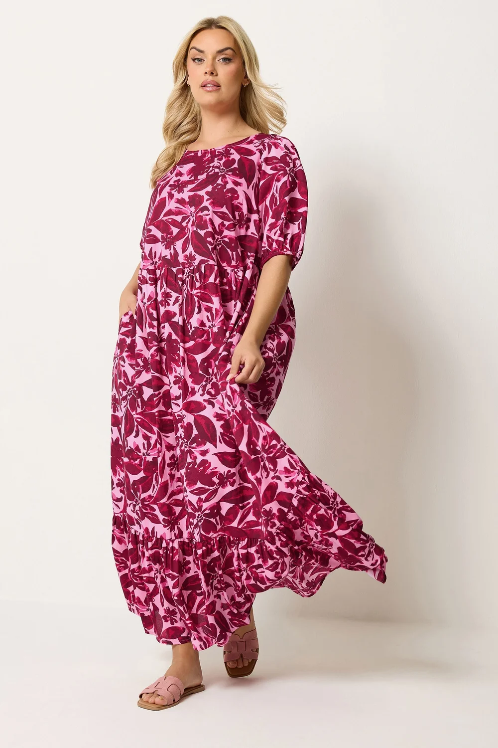 Yours Curve Pink Floral Smock Maxi Dress - 22-24 Image 2