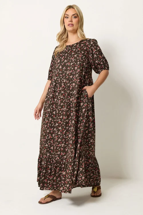 Yours Curve Brown Ditsy Floral Smock Maxi Dress - 14 Image 2