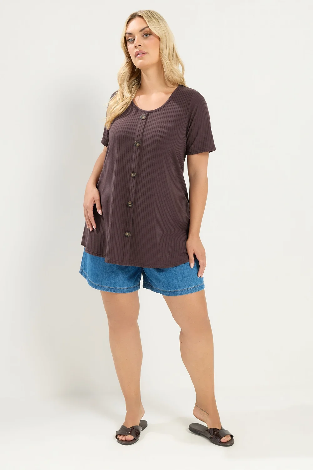Yours Curve Brown Ribbed Short Sleeve T-Shirt - 18 Image 2
