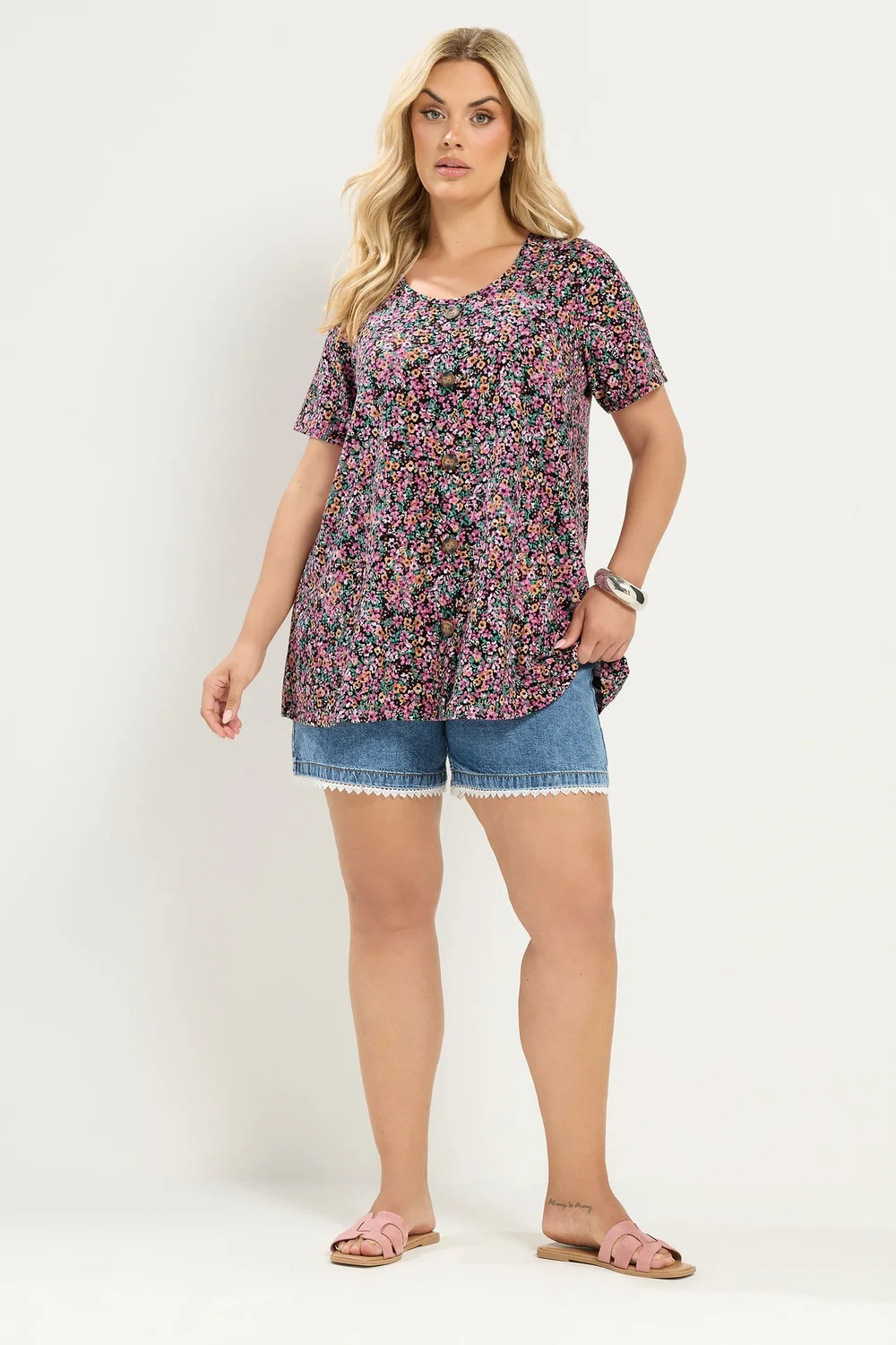 Yours Curve Pink Ditsy Floral Ribbed T-Shirt - 22-24 Image 2