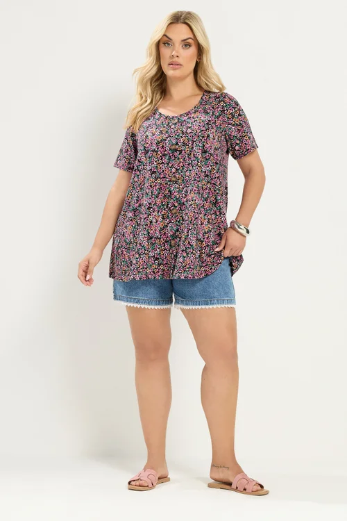 Yours Curve Pink Ditsy Floral Ribbed T-Shirt - 22-24 Image 2