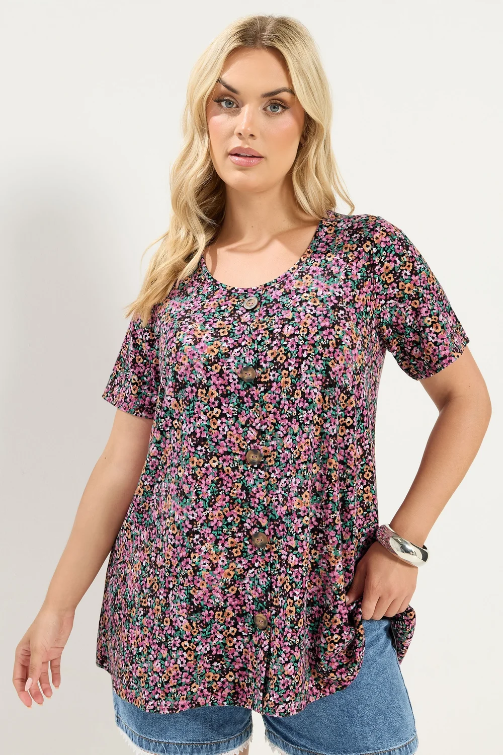 Yours Curve Pink Ditsy Floral Ribbed T-Shirt - 22-24 Image 1
