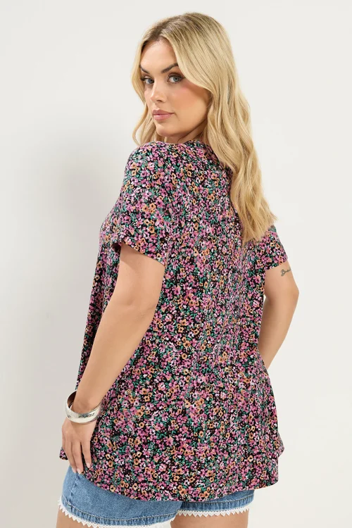 Yours Curve Pink Ditsy Floral Ribbed T-Shirt - 22-24 Image 3