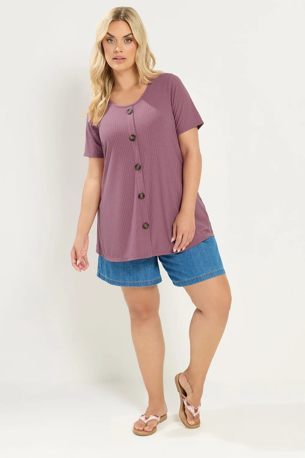 Yours Curve Pink Button Front Ribbed Swing Top - 20 Image 2