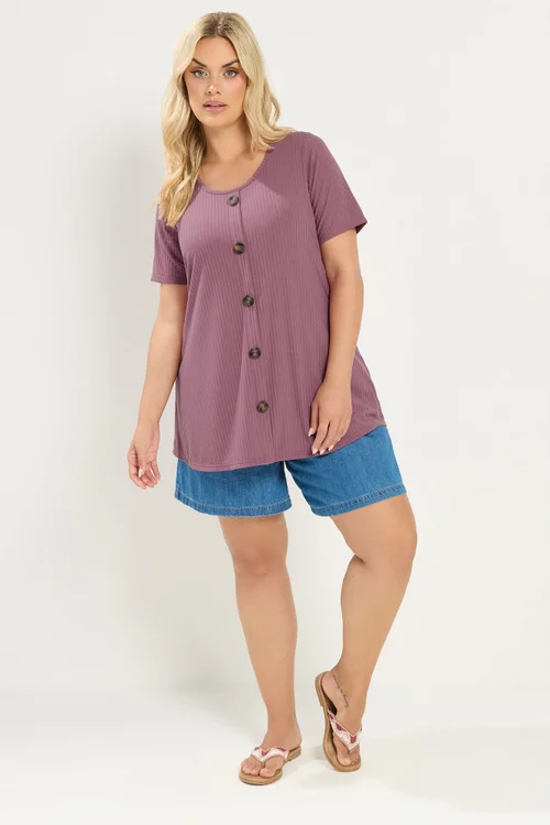 Yours Curve Pink Button Front Ribbed Swing Top - 20 Image 2