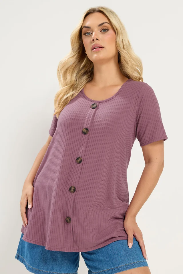 Yours Curve Pink Button Front Ribbed Swing Top