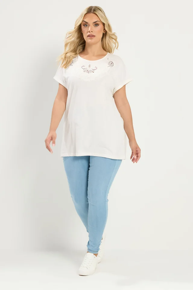 Yours Curve White Broderie Anglaise Grown On Sleeve T-Shirt