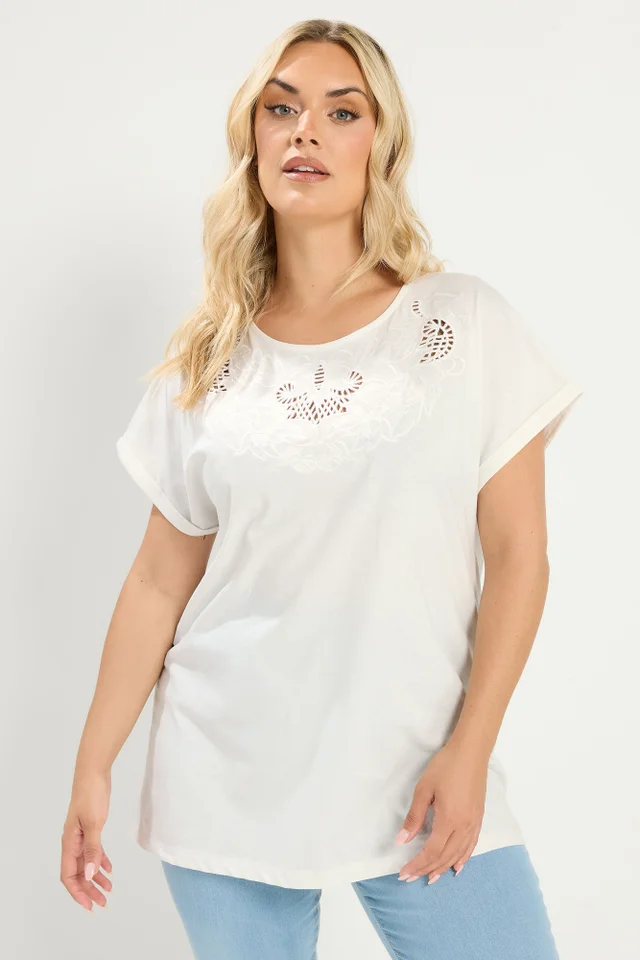 Yours Curve White Broderie Anglaise Grown On Sleeve T-Shirt