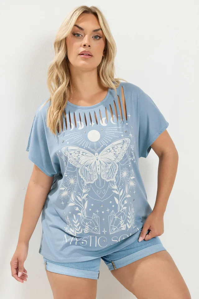 Yours Curve Blue 'Mystic Soul' Laser Cut Slogan T-Shirt