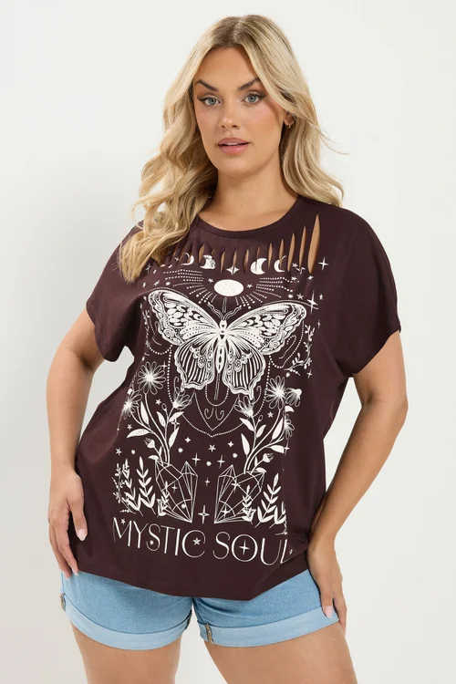 Yours Curve Brown 'Mystic Soul' Laser Cut Slogan T-Shirt - 26-28 Image 1